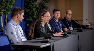 Nemanja Jovanovic, CALTECH, left, Eleanor Rieffel NASA Ames, Ryan McClelland, NASA GSFC, Zubin Jacob, Purdue University, and Sylvain Veilleux, University of Maryland, College Park, right, speaking at the Emerging Technologies for Astrophysics Mission Workshop in the Ballroom of Building 3, at NASA Research Park.