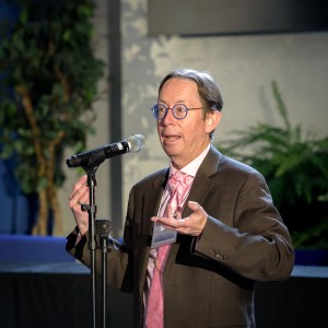 Dominick Benford, NASA Headquarters, offers closing thoughts at the Emerging Technologies for Astrophysics Mission Workshop in the Ballroom of Building 3, at NASA Research Park.