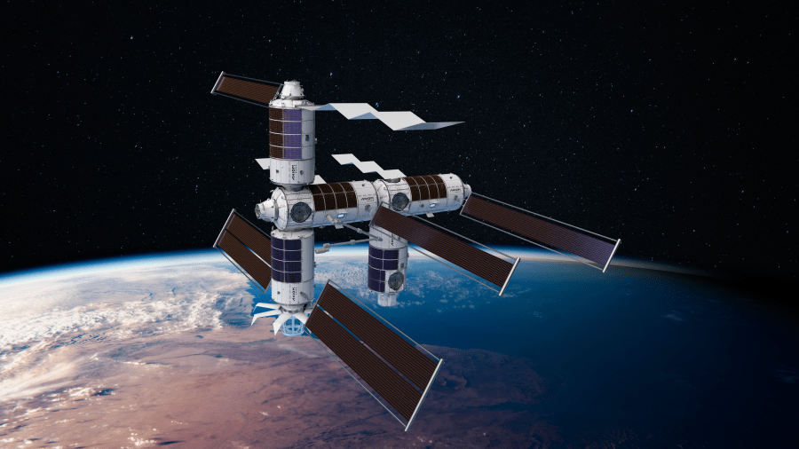 A digital rendering of the completed Axiom Station, which includes the Payload, Power, and Thermal Module, Habitat 1, an airlock, Habitat 2, and the Research and Manufacturing Facility. Credits: Axiom Space