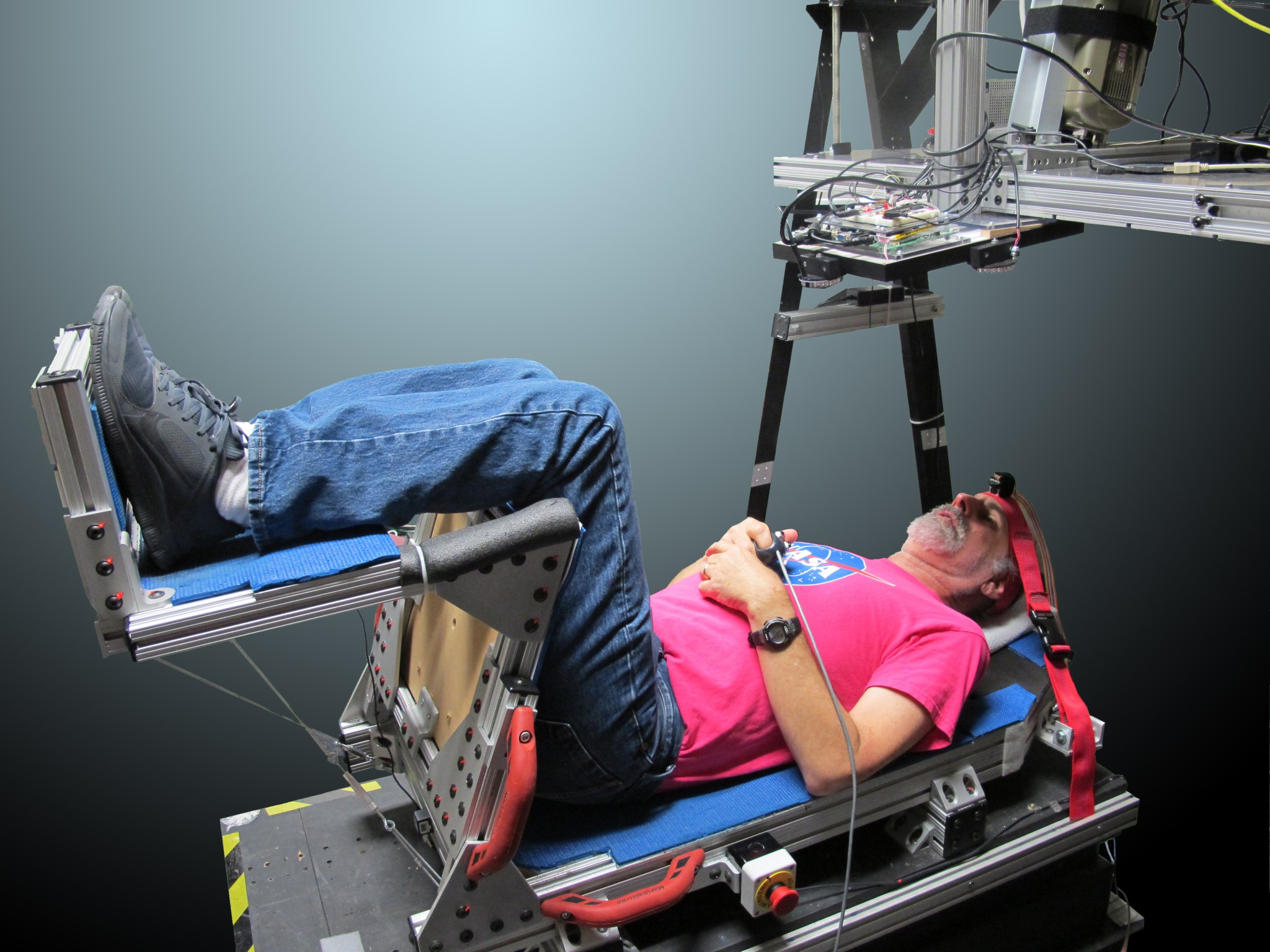 Image of a research subject sitting in the NASA Human Vibration Study chair