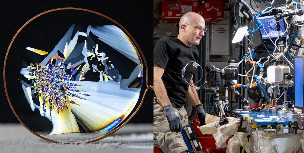 LEFT: Colorful fragments of crystals cluster at the end of white ice columns, created from thin wafers of frozen water. Petit used a blank, white laptop display and a polarizing filter to create the image. RIGHT: Pettit, wearing a black t-shirt and khaki cargo pants. sets up an experiment, to the right, with a DSLR camera facing rectangular piece of glass, rectangular ice blocks, and an extended computer screen.