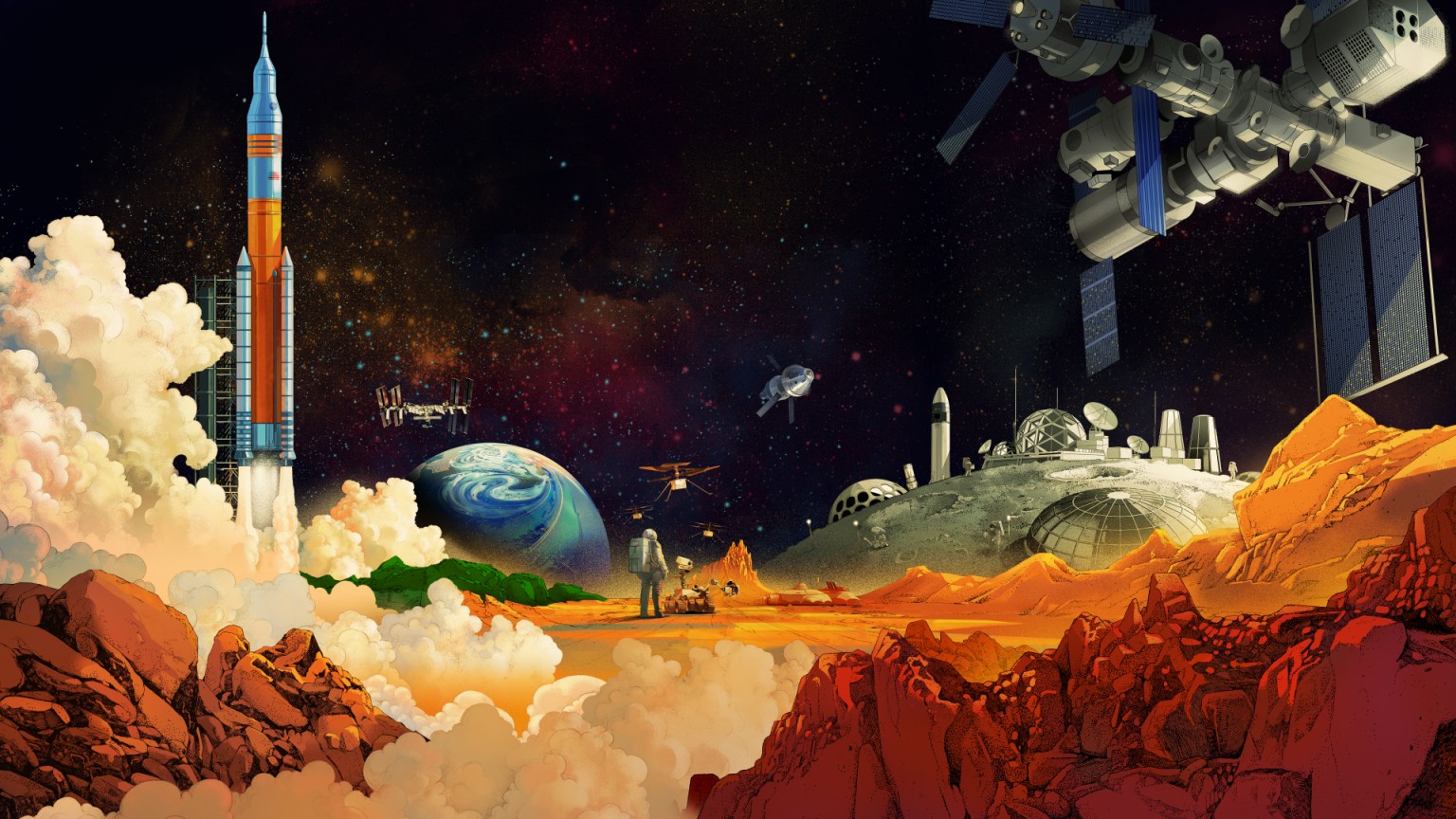 An illustration of a tall, orange and blue rocket launching from a rocky, red landscape with white clouds, towards a dark sky filled with stars. A space station with solar panels is visible in the upper right, and a blue Earth with swirling clouds is in the mid-ground. A small figure stands on the rocky surface facing the Earth.