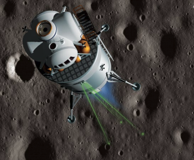 Illustration of a lander hovering over a lunar surface.