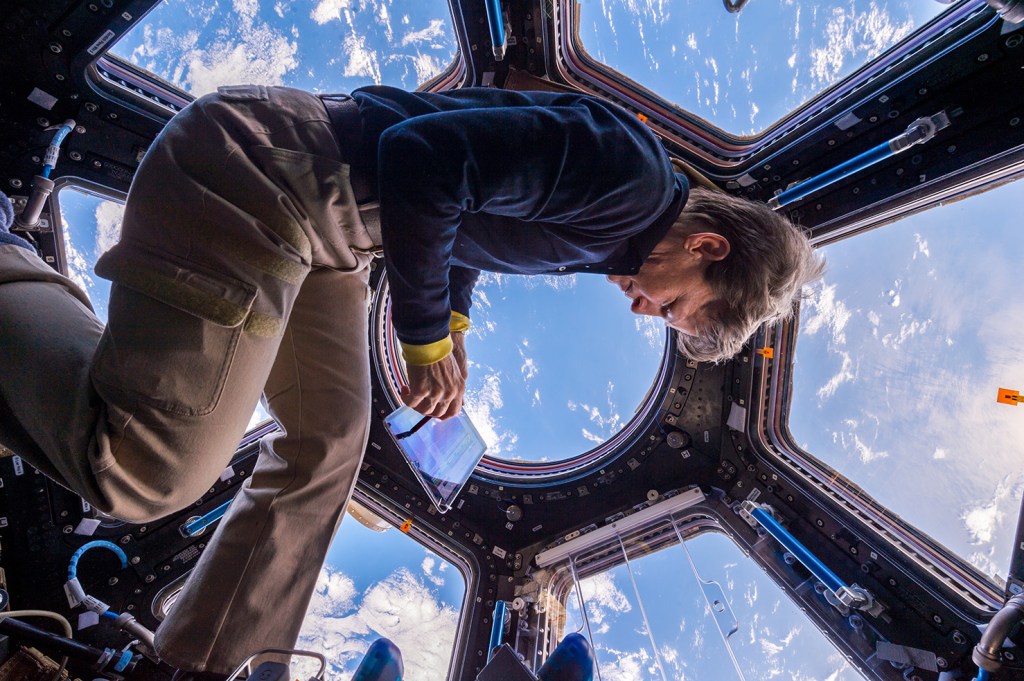 Astronaut Peggy Whitson using NASA's Playbook scheduling tool in the International Space Station