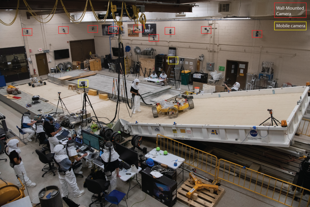 The VIPER Mobility Test Platform being tested in the Simulated Lunar Operations Laboratory. The OptiTrack motion tracking cameras are highlighted