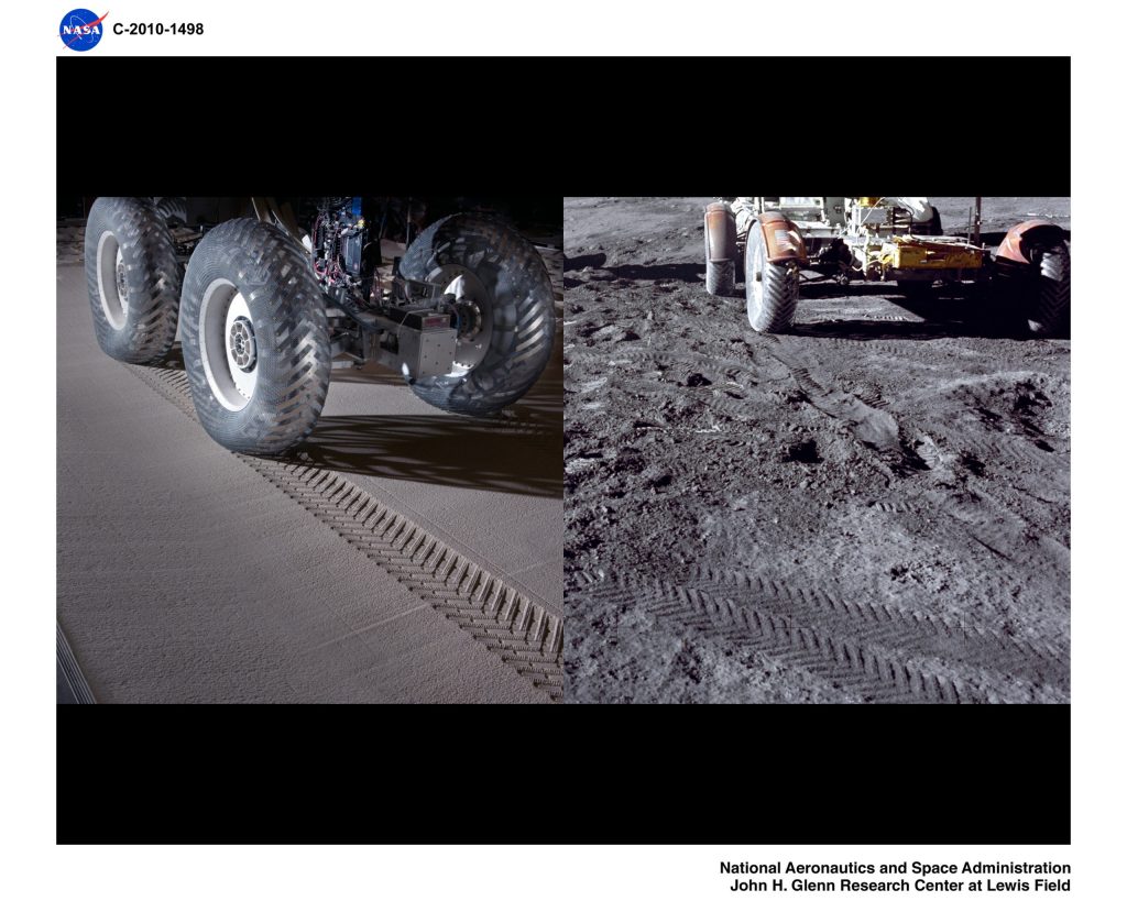 Lunar Roving Vehicle (LRV) tracks in the GRC-1 simulant (left) compared to LRV tracks on the Moon (right)