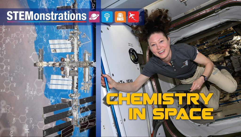 NASA astronaut Tracy Dyson in the Space Station with words Chemistry In Space as an overlay