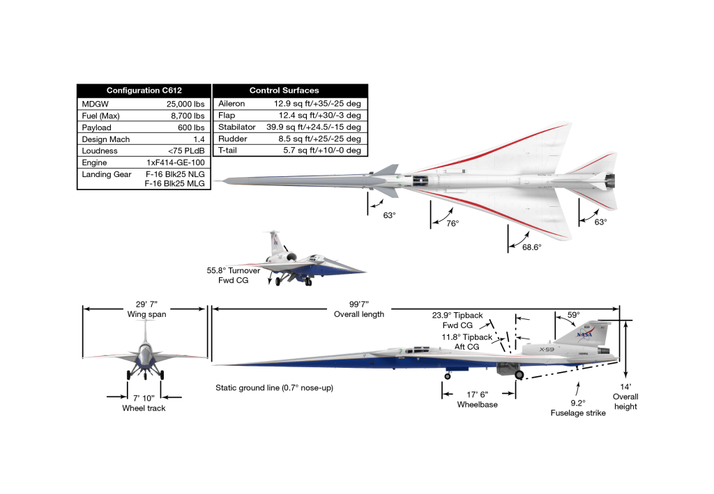 A specification diagram showing the measurements of the vehicle, configuration C612 and Control surfaces.