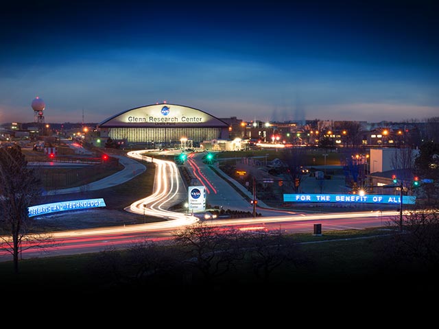 NASA Glenn Flight Research Building and main gate at night