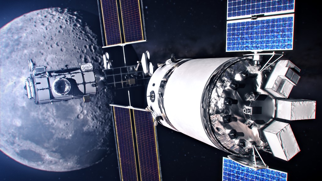 Artist’s rendering of a logistics module approaching Gateway in lunar orbit, with the Moon in the background. Deep Space Logistics, based at Kennedy Space Center, manages the commercial supply chain for Gateway, overseeing the transportation of cargo, equipment, and consumables needed for lunar exploration.