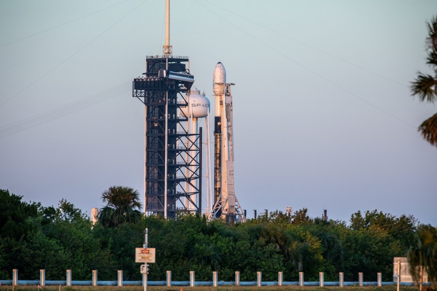 A SpaceX Falcon 9 rocket carrying Firefly Aerospaceâs Blue Ghost Mission One lander prepares for a launch to the Moon on Tuesday, Jan. 14, 2025 from Launch Complex 39A at the agencyâs Kennedy Space Center in Florida as part of NASAâs CLPS (Commercial Lunar Payload Services) initiative.