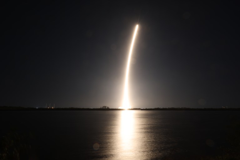 Image shows streak from SpaceX Falcon 9 rocket after liftoff on Wednesday, Jan. 15, 2025.
