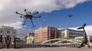 Two drones taking off during an Unmanned Aircraft System (UAS) Traffic Management (UTM) test flight conducted by the Human Systems Integration Division Airspace Operations Lab (AOL) in downtown renovation, Nevada