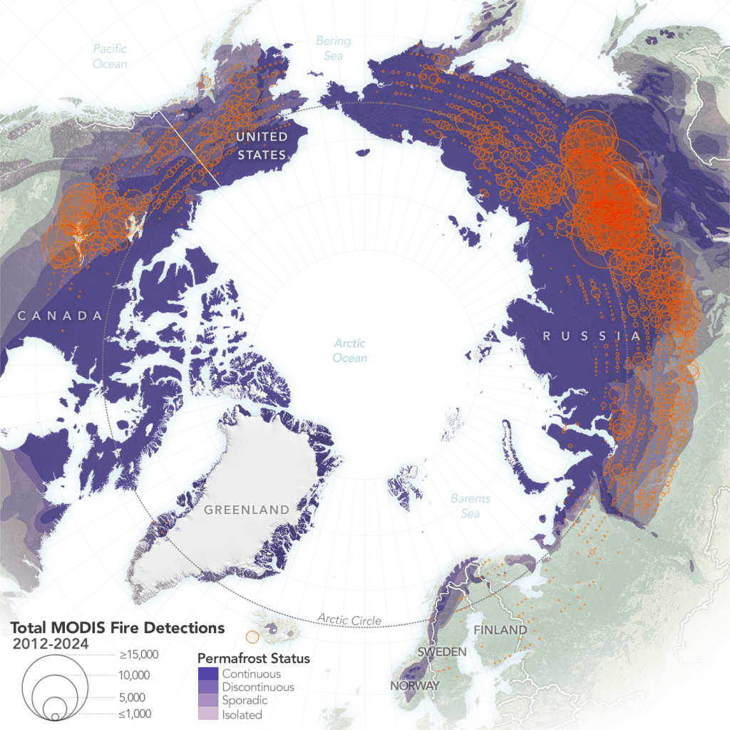 A map centered on the North pole shows the continents in dark purple, the oceans in white, with bright orange circles of varying sizes across the continents.