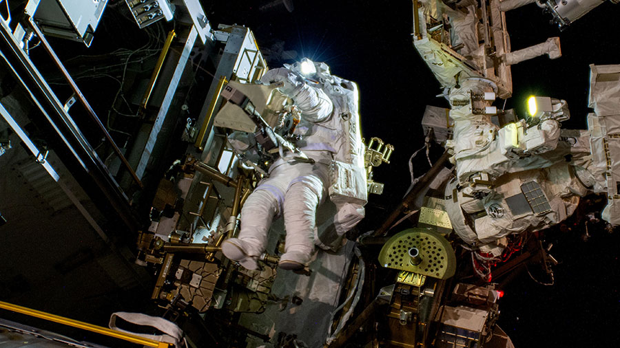 Astronaut Suni Williams is pictured during a spacewalk outside the space station where she replaced a rate gyro assembly that helps maintain the orientation of the orbital outpost on Jan. 16, 2025.