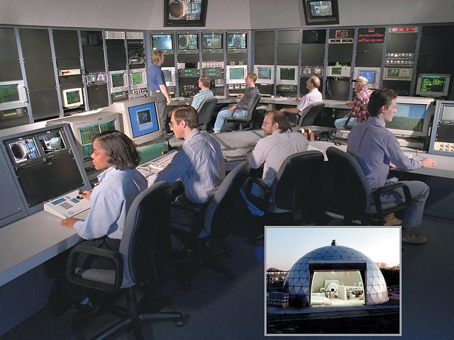 Operators monitoring a test from the control room of the Aero-Acoustic Propulsion Laboratory (AAPL)