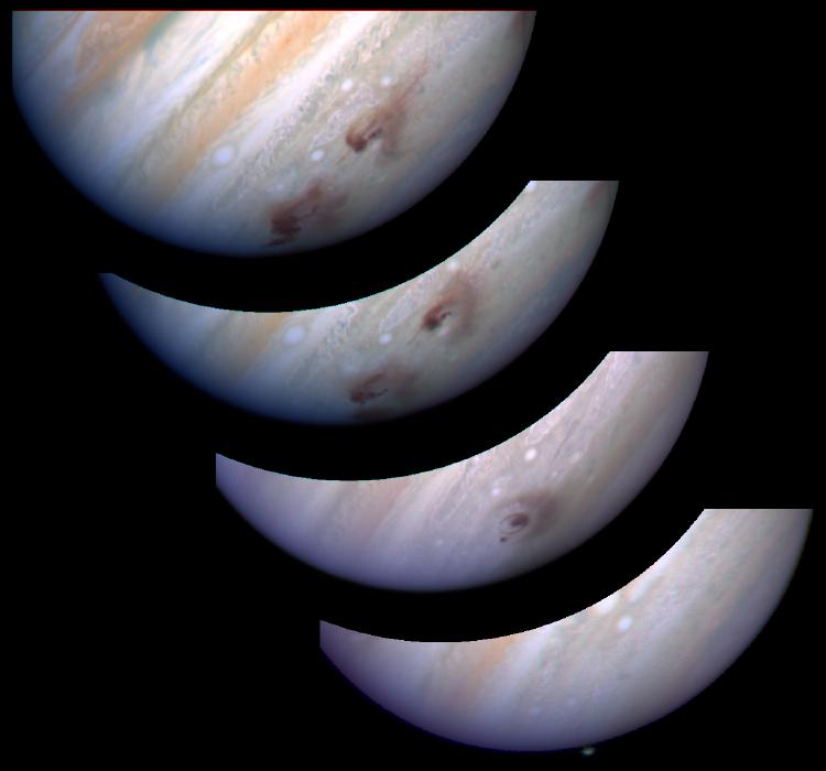 Composite of four Hubble images of Jupiter showing impact scars from Comet Shoemaker-Levy