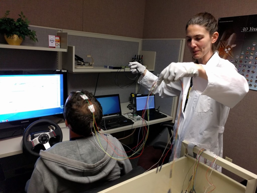 NASA researcher Dr. Erin-Flynn Evans prepping a research subject for a NASA Human Fatigue Countermeasures Study.