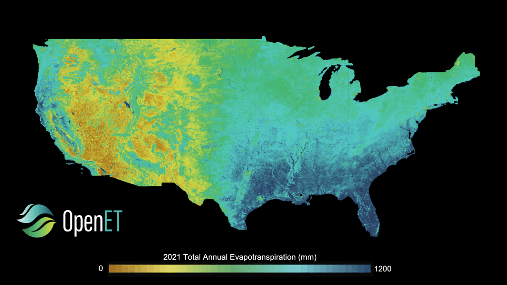 The shape of the United States sits on a black screen. Inside the shape is splotches of color in a gradient from dark orange to yellow to green to teal to dark blue. On the bottom of the image is a legend of the color gradient.