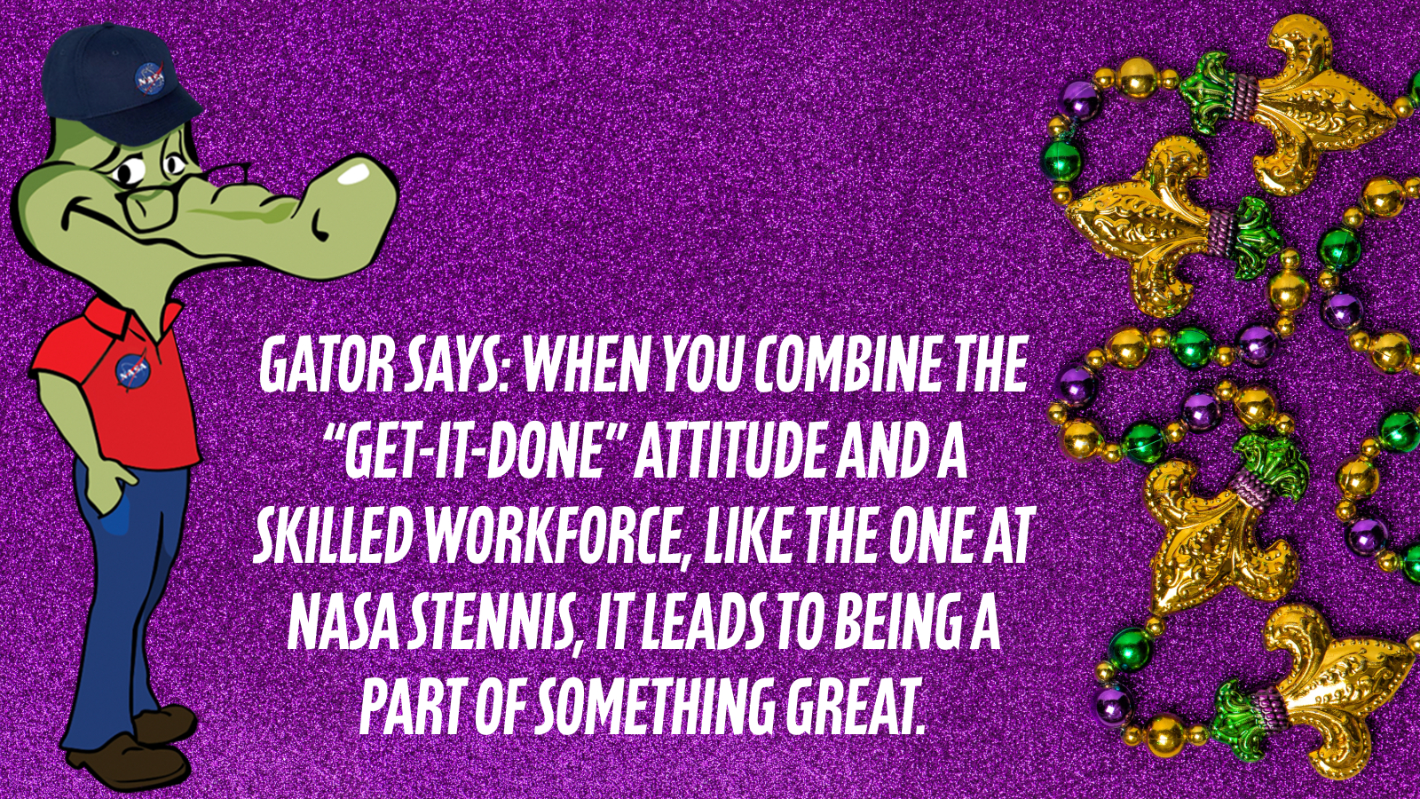 Gator, a fictional character, is shown on a purple glitter background with Mardi Gras beads