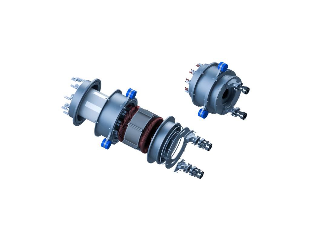 A render cutout of a motor showing various components, bolts, and coils spread apart.  