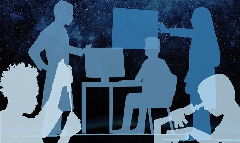 Blue silhouettes of people doing various activities, such as sitting at a computer, looking through a microscope, and performing a science experiment with a test tube.