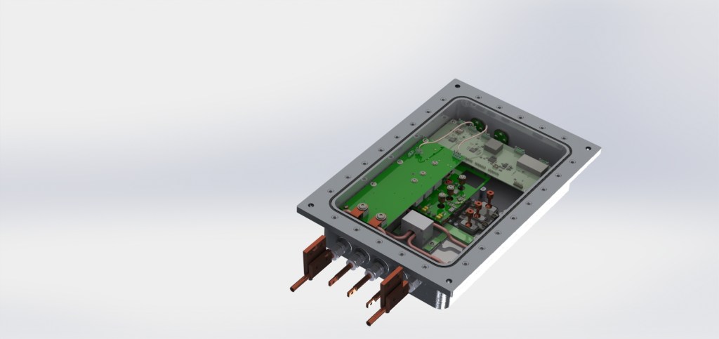 An artist's rendering of a square-shaped aircraft converter with various wires and circuiting systems displayed on the inside. 