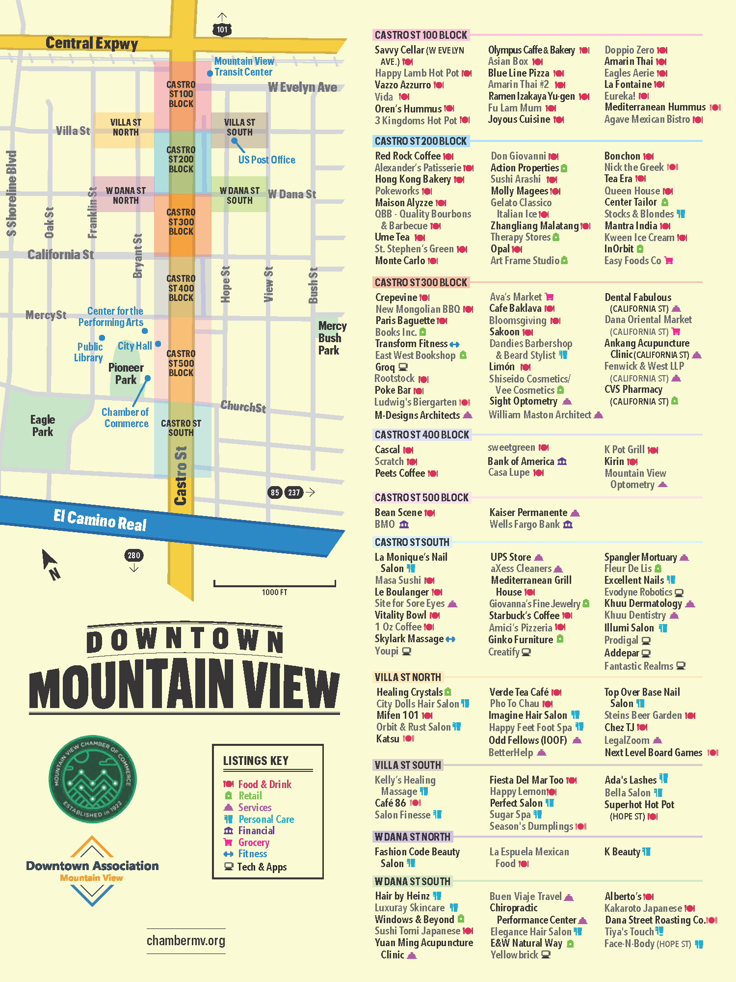 Map that shows restaurants along Castro Street in Downtown Mountain View, California.