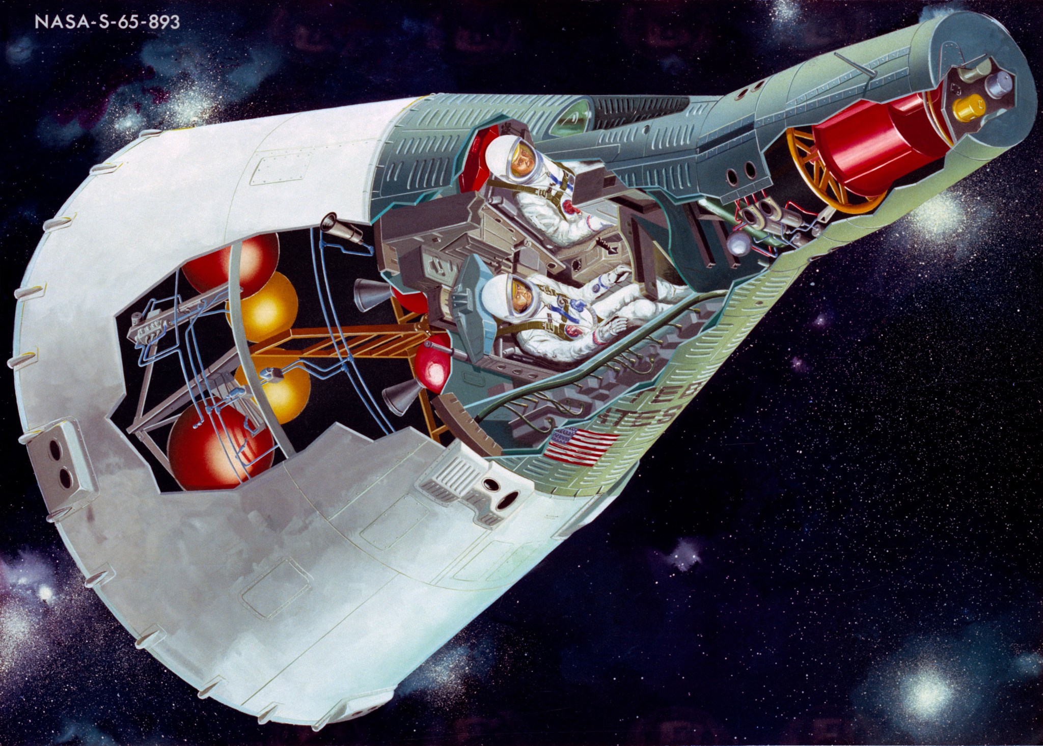 An illustration of a Gemini spacecraft with a cutout showing two astronauts inside. The spacecraft is white and conical in shape. There are stars and clouds of gas and dust in the dark background.