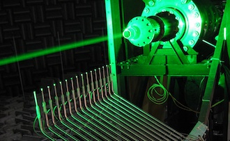 Particle image velocimetry (PIV) uses light reflected from seed particles in the flow to measure velocities of the air exhausting through nozzles in the Small Hot Jet Acoustic Test Rig