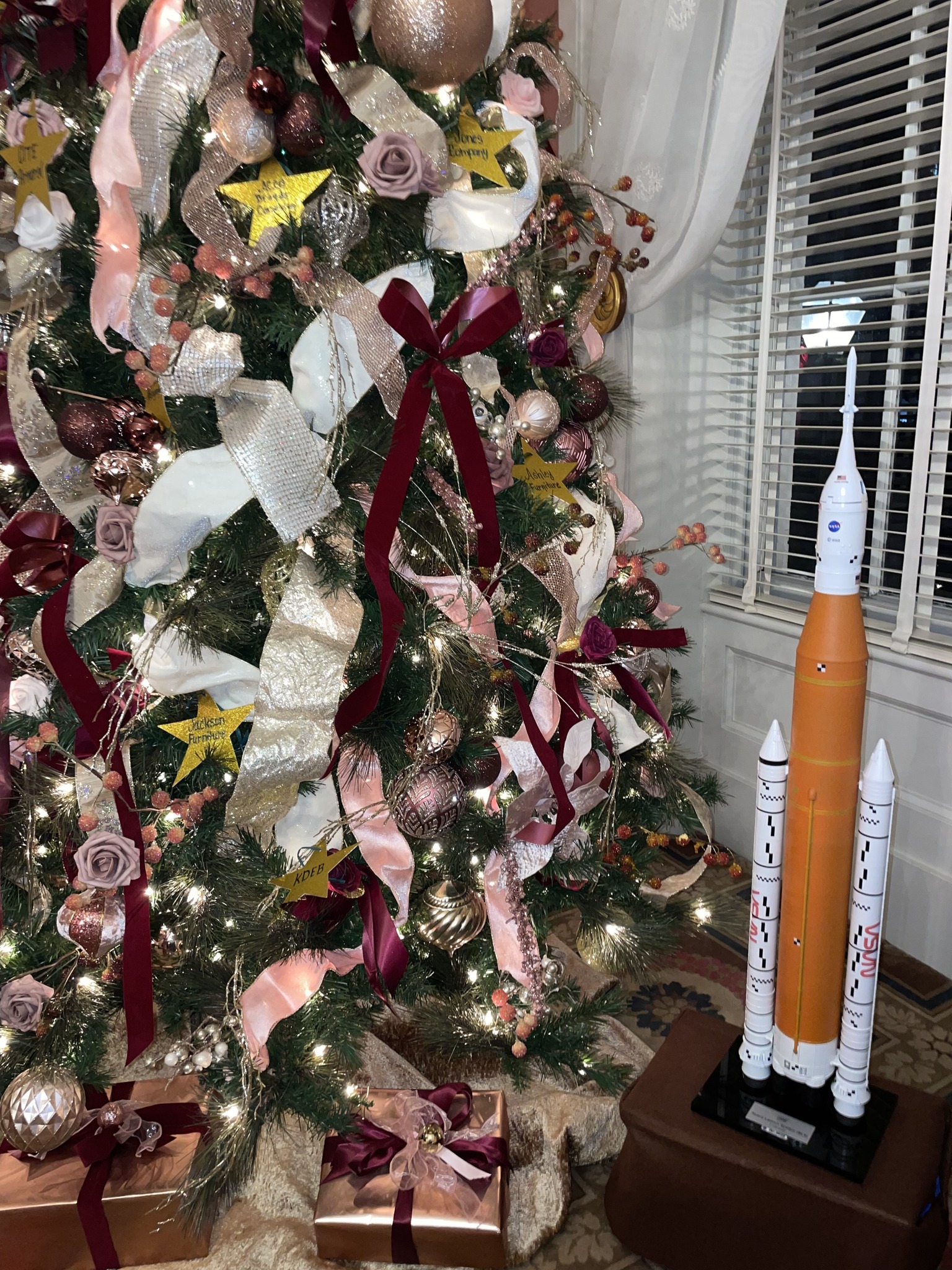 A model of NASA’s SLS (Space Launch System) rocket is part of the holiday display in the Mississippi Governor’s Mansion in Jackson, MS