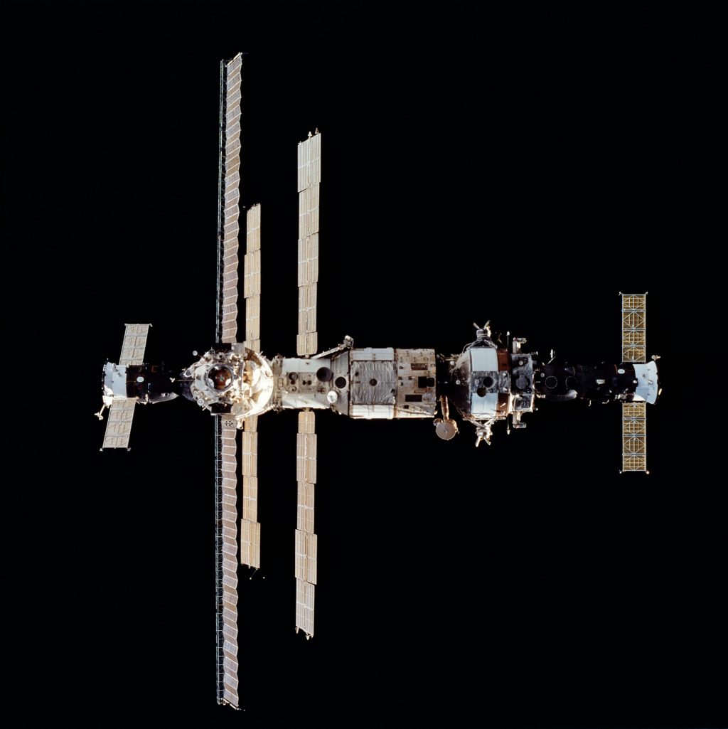 Image of a module space station (Mir) against the blackness of space.