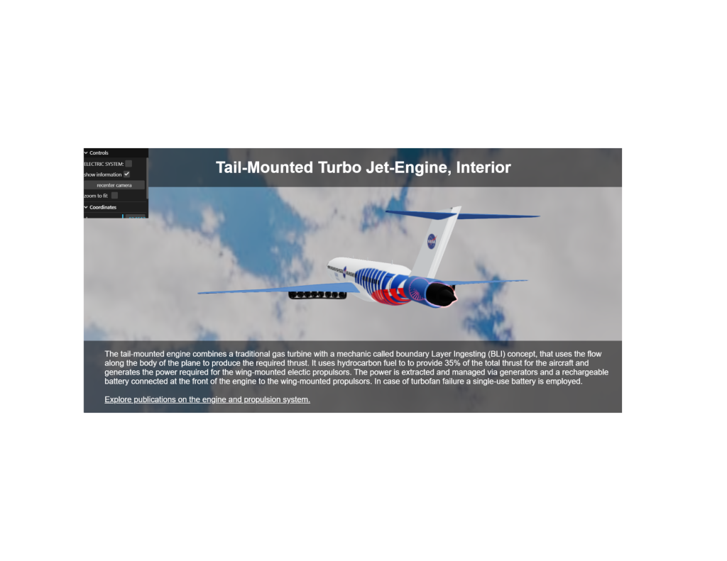 An artist rendering of a single-aisle plane with an engine under the tail and distributed fans under each wing. The words "tail-mounted turbo jet-engine, interior" are written across the top of the image, along with a block of text describing the aircraft's propulsion system across the bottom of the image.
