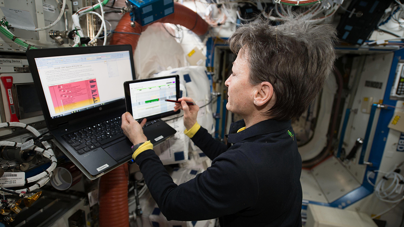 NASA astronaut Peggy Whitson is using NASA Playbook, the mobile scheduling tool developed by the Human Systems Integration Division's Human-Computer Interaction Group, to plan her tasks in the International Space Station (ISS)
