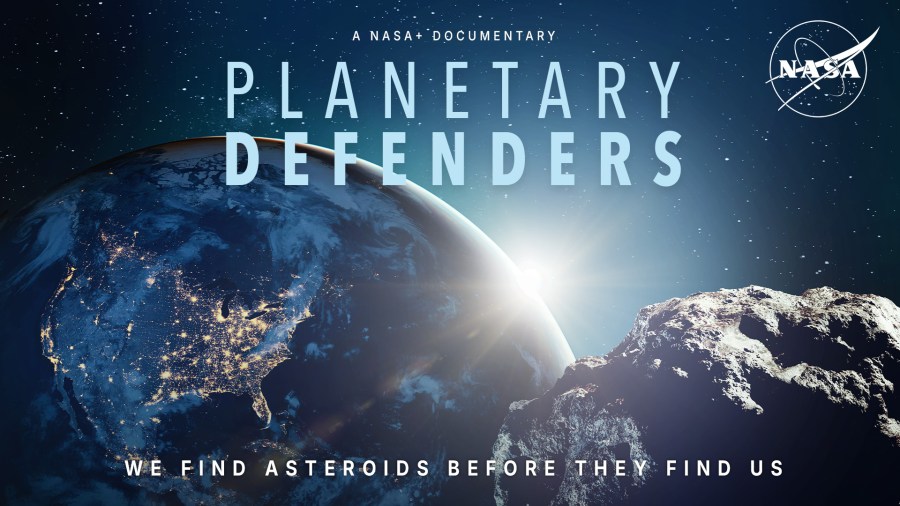 Sun rises over the Earth, with a menacing asteroid in the foreground. The title "A NASA+ documentary: Planetary Defenders, is in all-caps font at the top, with the copy, "We find asteroids before they find us," at the bottom. The white NASA logo is in the upper righthand corner.