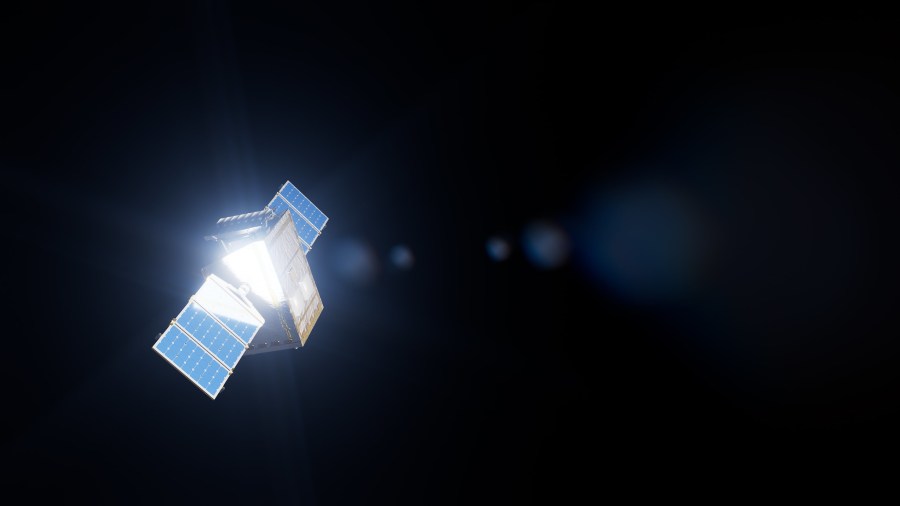 Sunlight gleams off NASA’s Lunar Trailblazer in this artist's concept