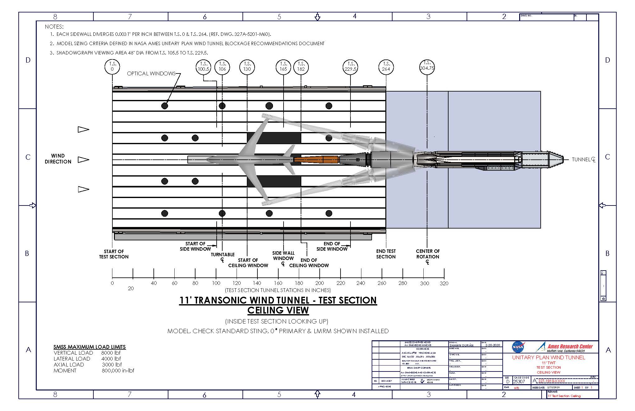 CAD Drawing of NASA Ames Research Center Unitary Plan Wind Tunnel 11-by 11-ft Transonic Wind Tunnel Test Section Ceiling View (jpg). Test Section Dimensions Ceiling View drawing.