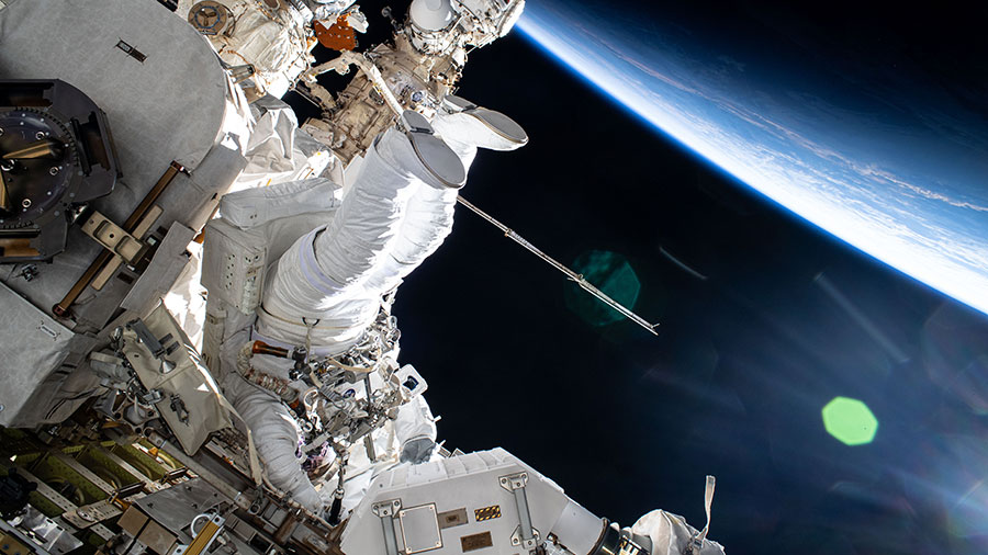 Astronaut Butch Wilmore conducts a spacewalk 259 miles above Earth while orbiting into a sunset above Eastern Europe on Jan. 30, 2025.
