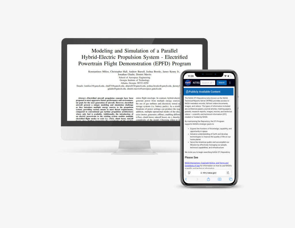 An image of a deskop computer displaying a technical paper with an iPhone in front to the right displaying the front page of NASA’s Technical Report Server website.