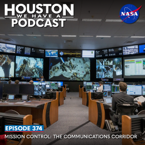 Houston We Have a Podcast Episode 374: Mission Control: The Communications Corridor An isle between desks in ISS Mission Control frames the front screen showing an image from the Space Station.