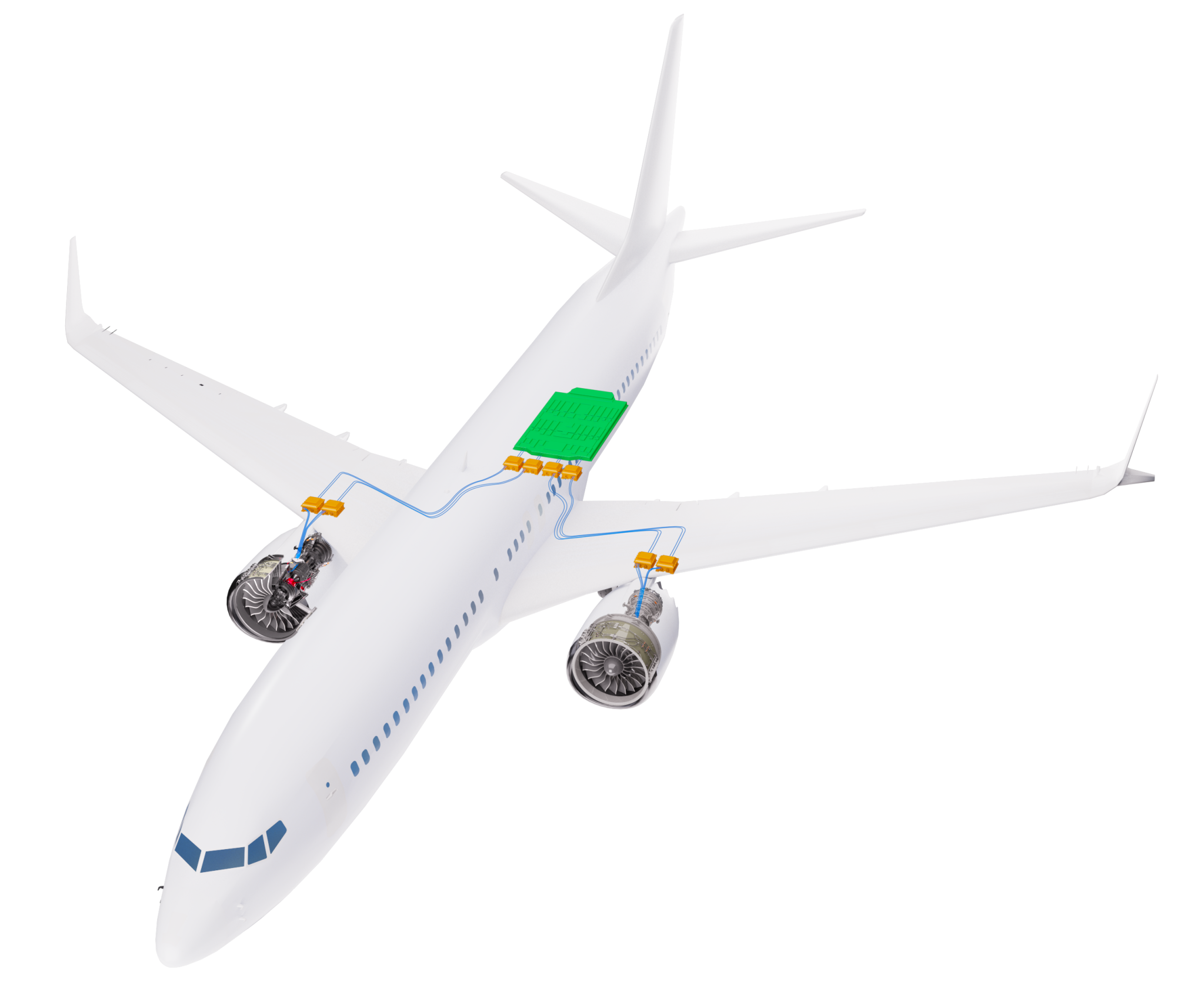 A transparent single-aisle aircraft with two jet engines connected by thin blue wires to a green battery near the center of the fuselage.