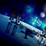 An artist’s concept of the International Space Station orbiting Earth. In the distance is the Moon, and a red star representing Mars.