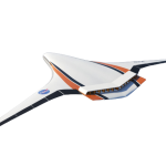 A rear-view rendering of a blended wing body aircraft with distributed fans across the top rear of the vehicle. The NASA insignia is displayed on the left wing, and the words “N3-X” are written on the right wing.