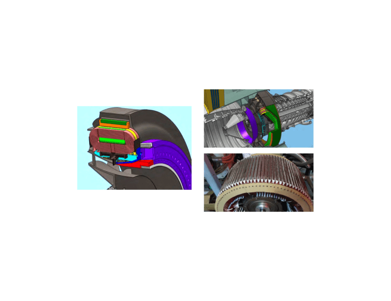 Three different views of an aircraft motor. The first two views on the left and upper right showcase an artist’s rendering of the inside of an electric machine with key components highlighted using bright colors. The lower right angle shows the exterior shot of a component in the physical motor.  