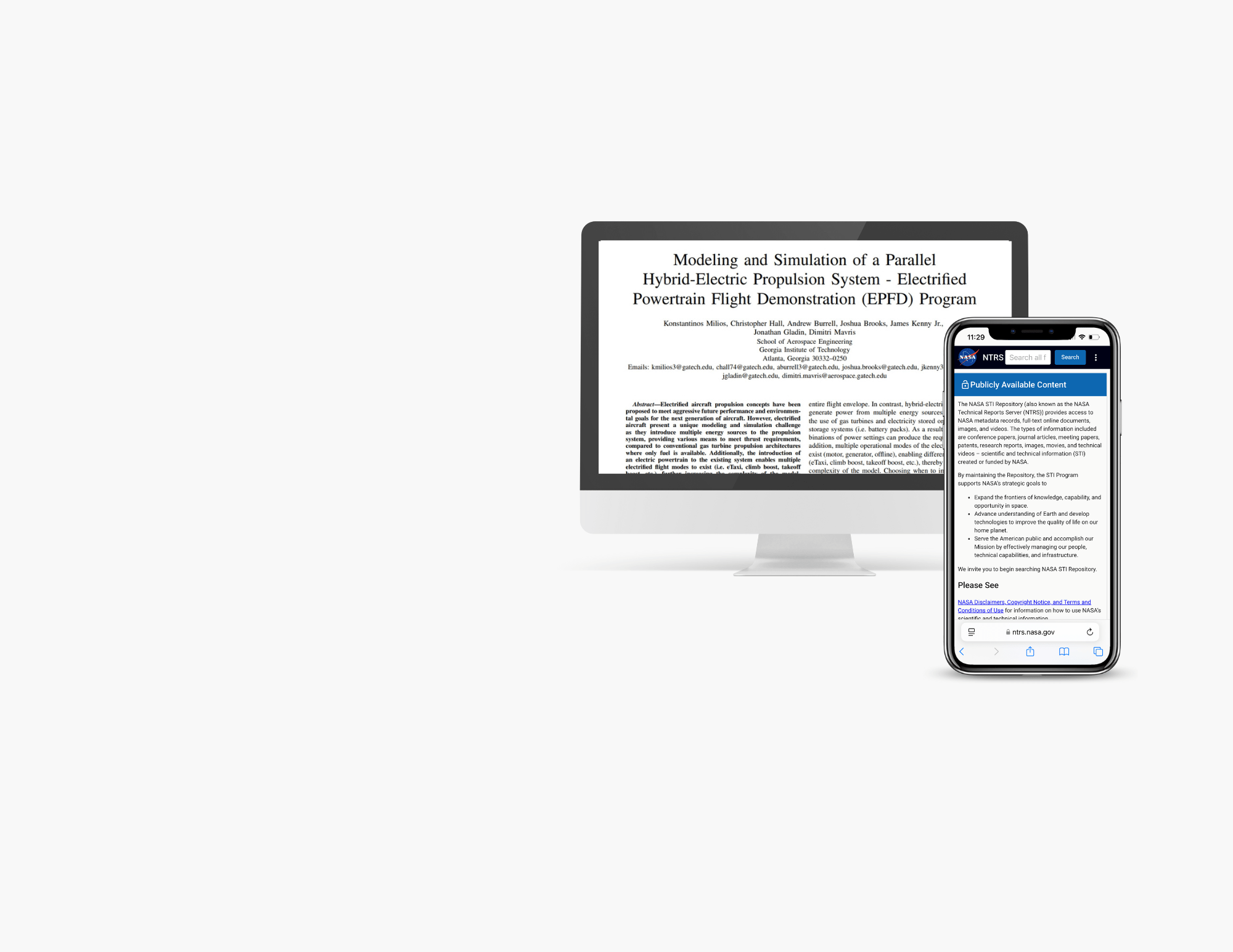 An image of a desktop computer displaying a technical paper with an iPhone to the right displaying the front page of NASA’s Technical Reports Server website. 