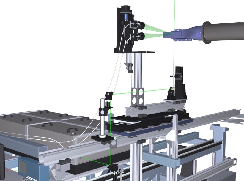 Implementation of the Raman scattering diagnostic system in the Aero-Acoustic Propulsion Laboratory (AAPL). The Raman system is mounted on a large traverse to enable measurements at multiple axial stations. The Raman collection optics are mounted on a smaller translation stage, which enables moving the measurement location to different heights above the film-cooled plate.