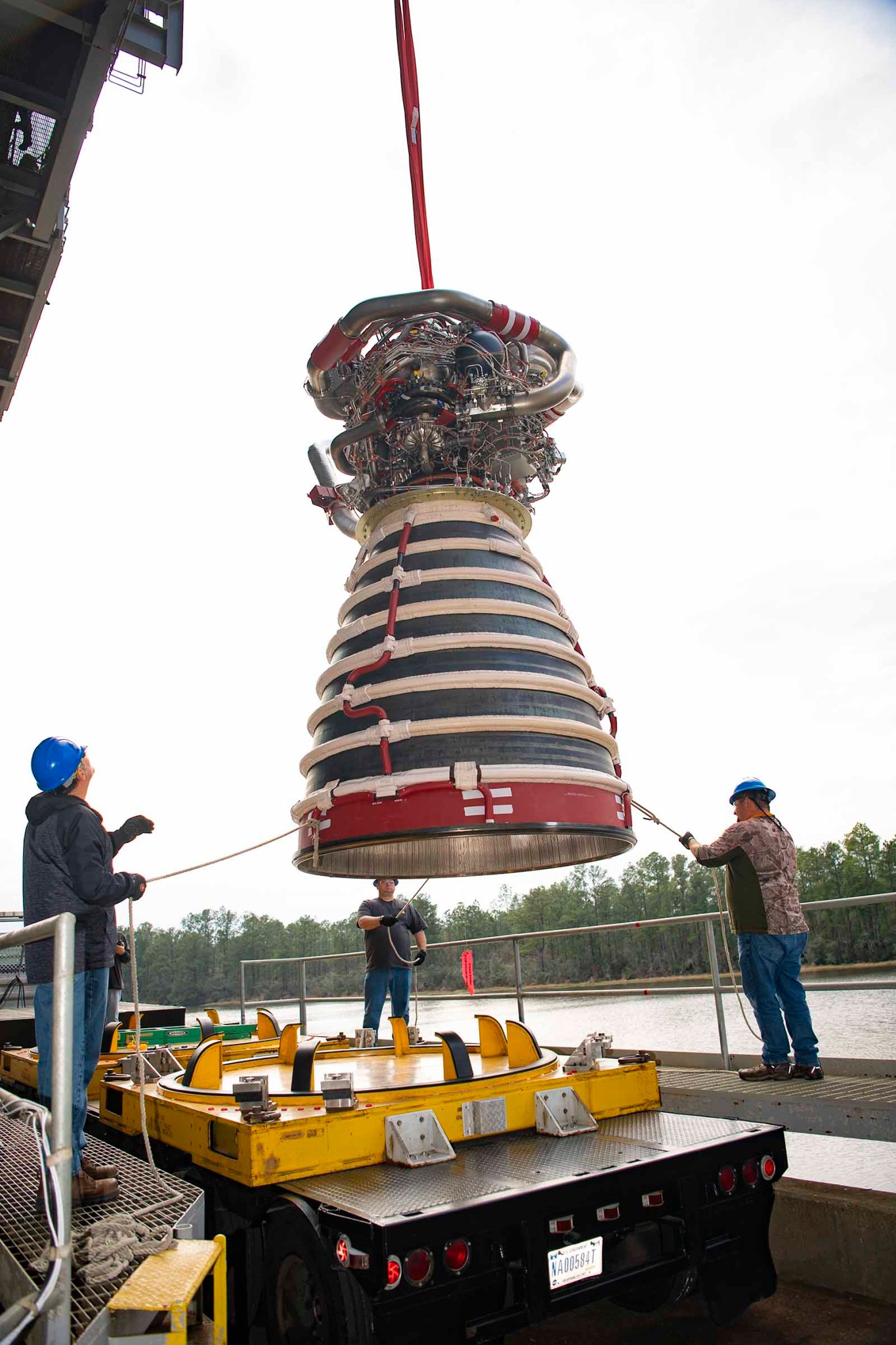 new production RS-25 engine hoisted onto the Fred Haise Test Stand