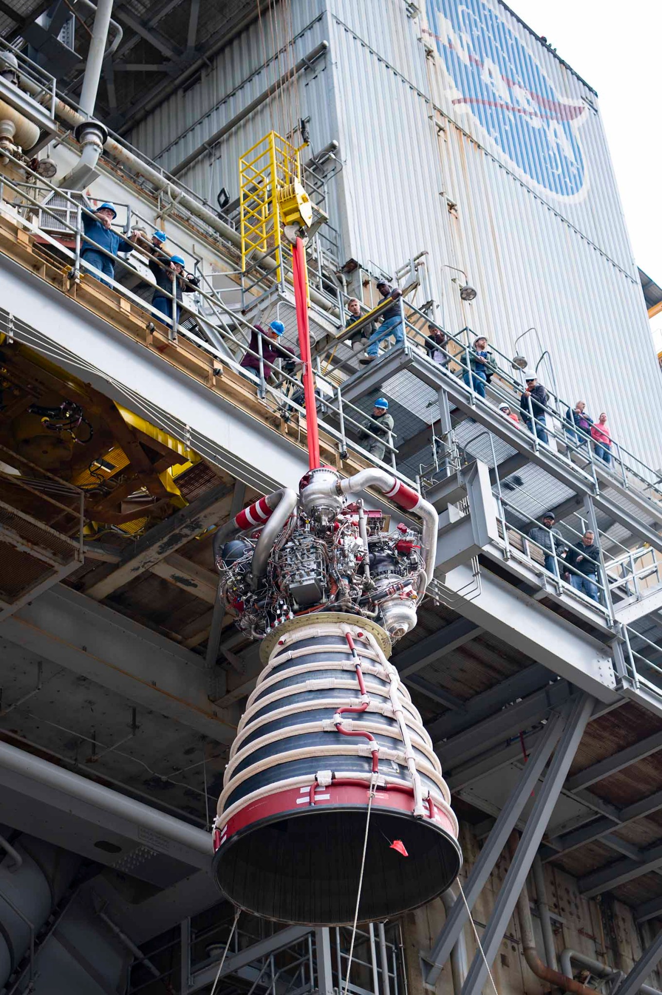 new production RS-25 engine suspended in air
