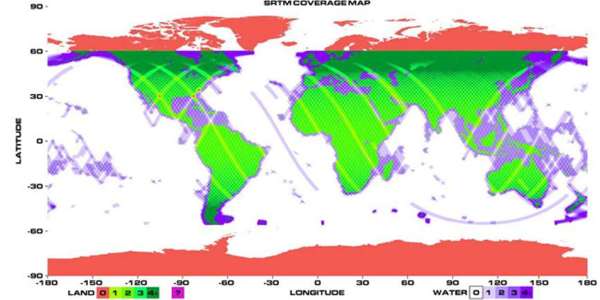 Multicolor Mercator projection of the world showing the areas imaged by the space shuttle - the most imagery in green, no imagery in red.