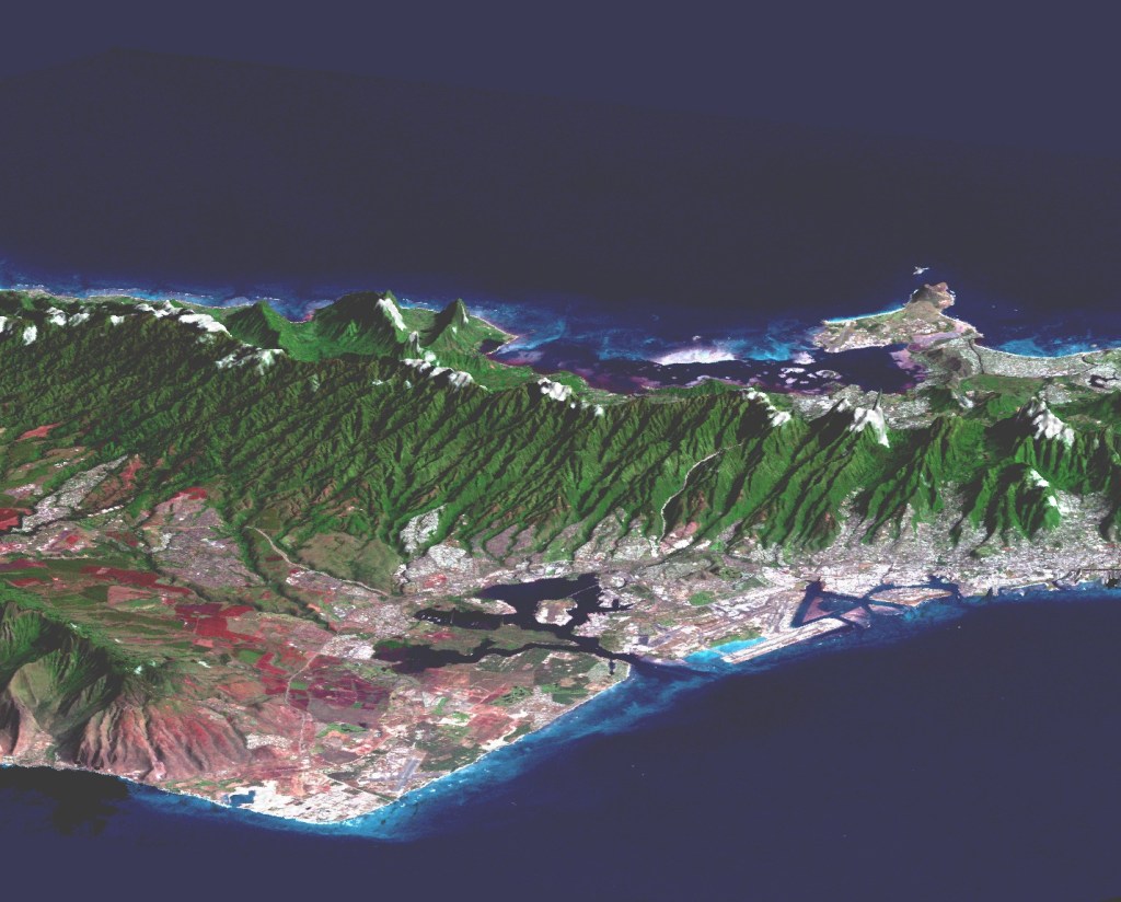 False color radar image of an island, showing its topographic contours.